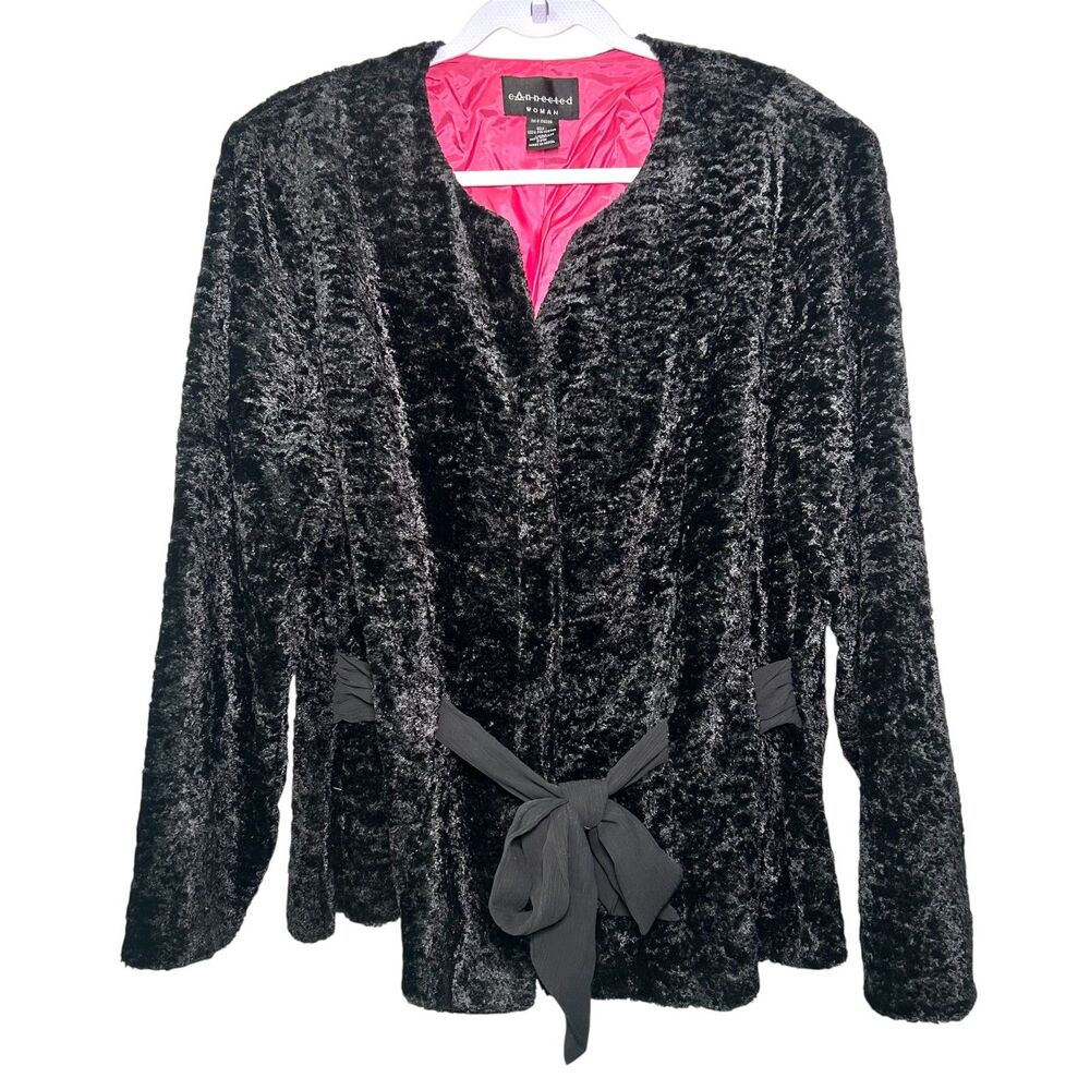 Earth Connected Woman black crushed velvet button-up belted blazer 22W